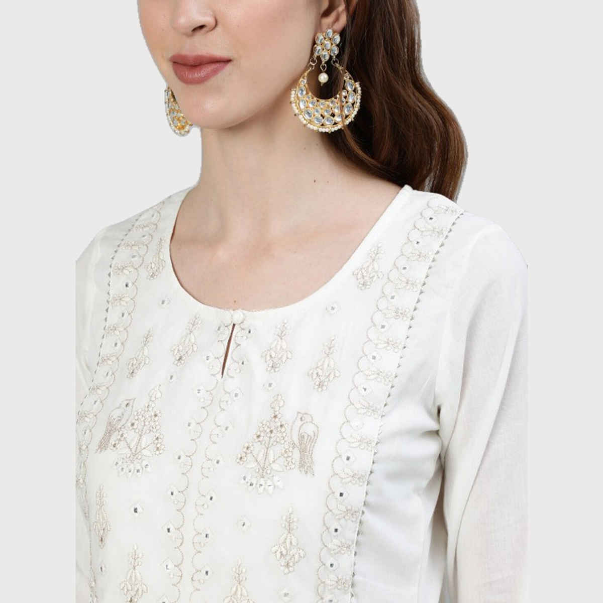 Ishin Women's Kurta Set Ethnic Motifs Embroidered Pure Cotton with Trousers | Off White - M