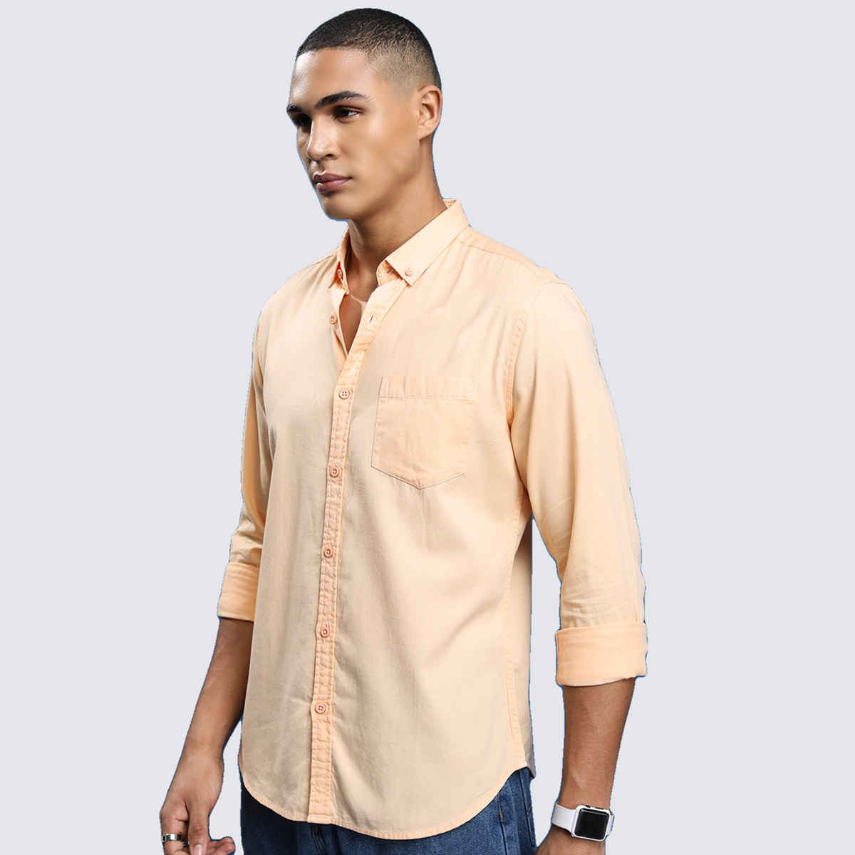Highlander Men's Slim Fit Button-Down Collar Cotton Casual Shirt | Peach | L