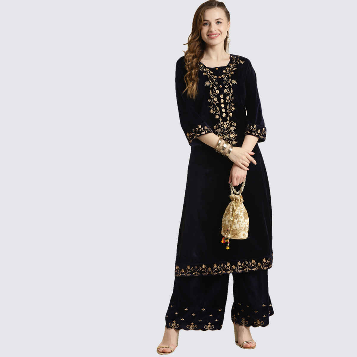 Shae by SASSAFRAS Women's Velvet Floral Zari Embroidery Kurta | Navy Blue - XL