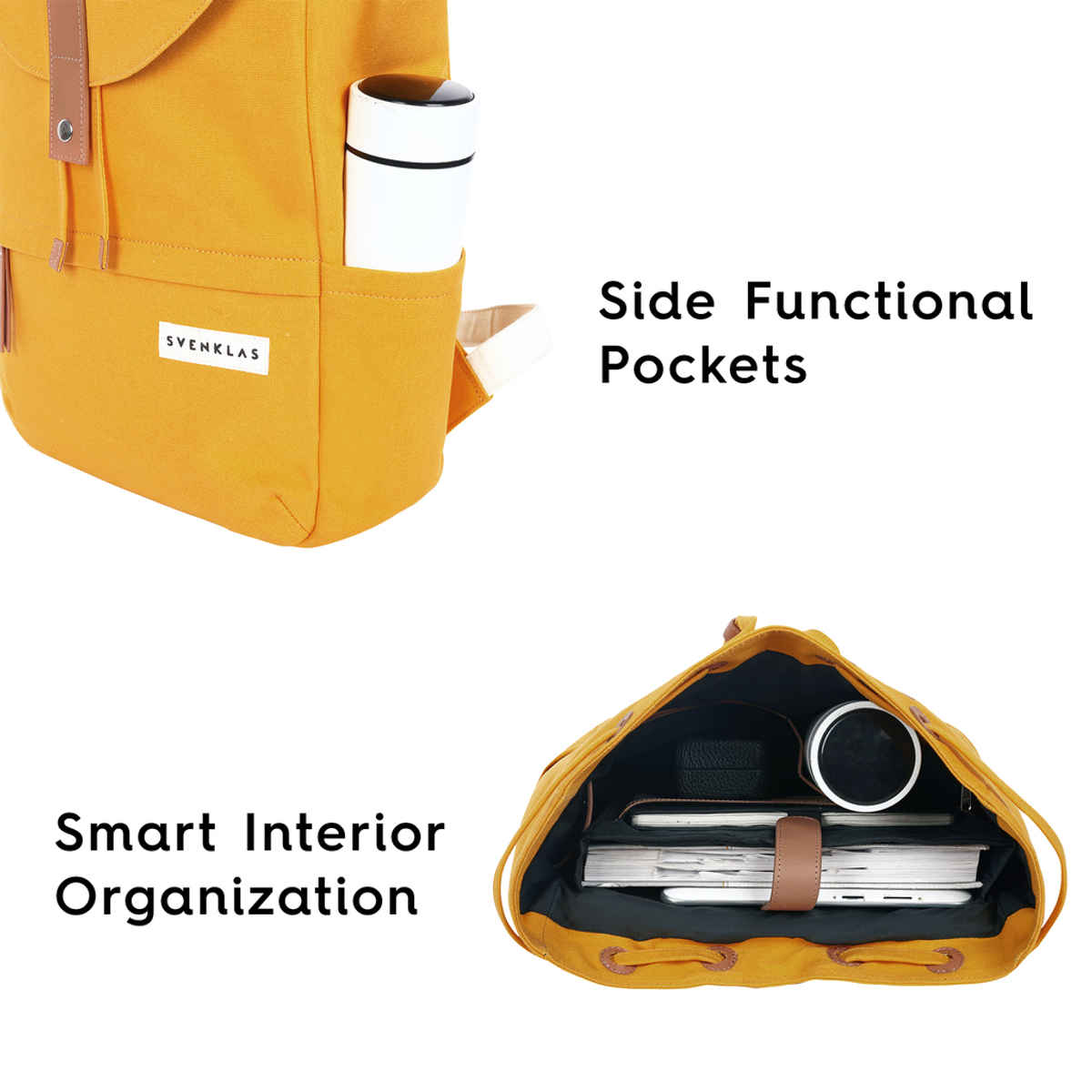 Svenklas Unisex Solid Canvas and Genuine Leather 20 L Top Handle Backpack | Yellow - 16 Inches