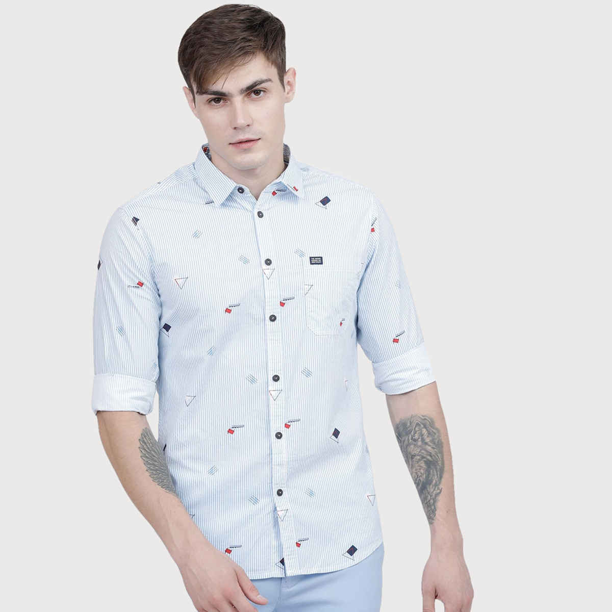 The Indian Garage Co Men's Slim Fit Striped Casual Shirt | Blue - L