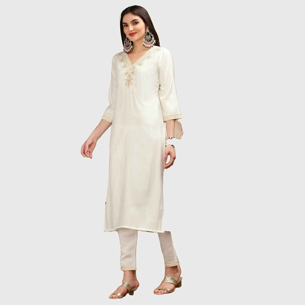 Ishin Women Kurta Set with Dupatta | INWSDS24051 | White - M