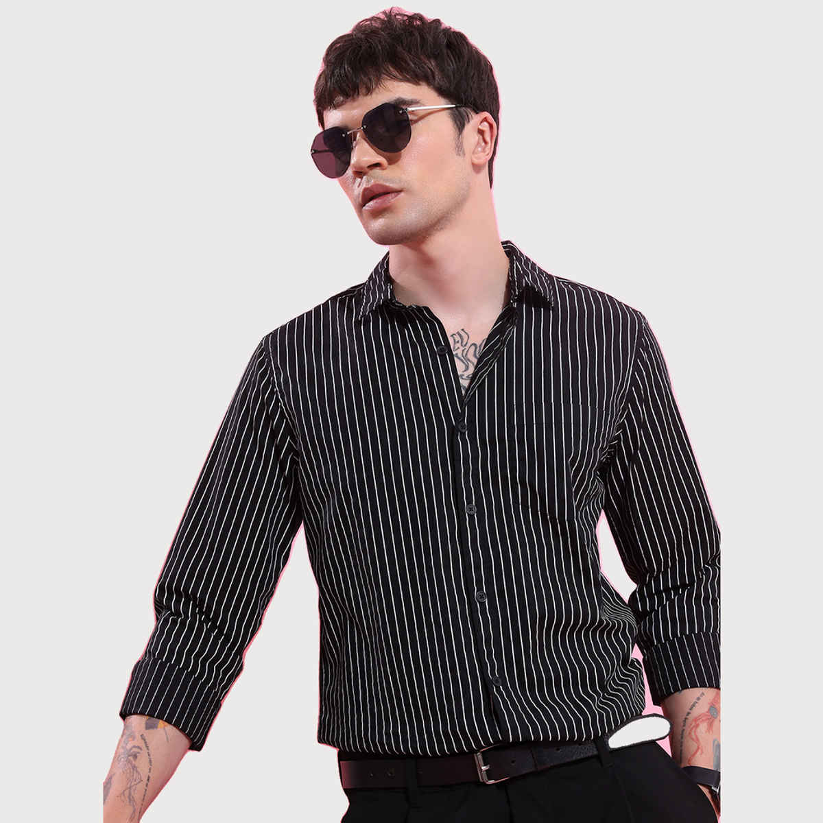 HIGHLANDER Striped Spread Collar Slim Fit Cotton Casual Shirt | Black - S