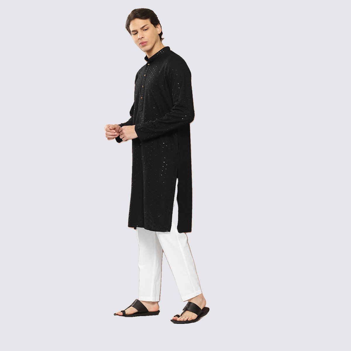 See Designs Men's Embroidered Sequined Rayon Kurta | Black - S