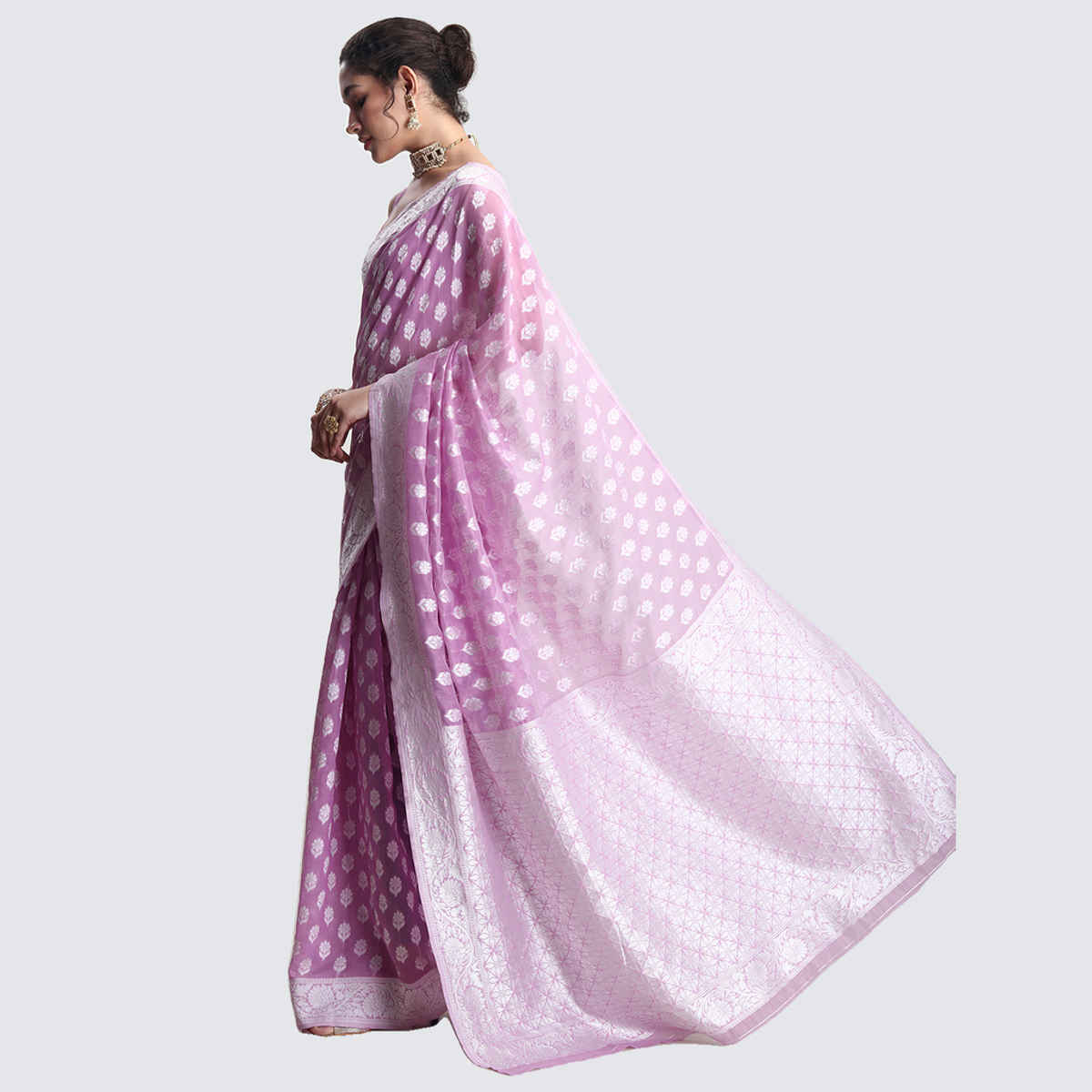 Janasya Women's Silk Blend Floral Woven Design Jacquard Saree with Blouse Piece | SAR631 | Lavender
