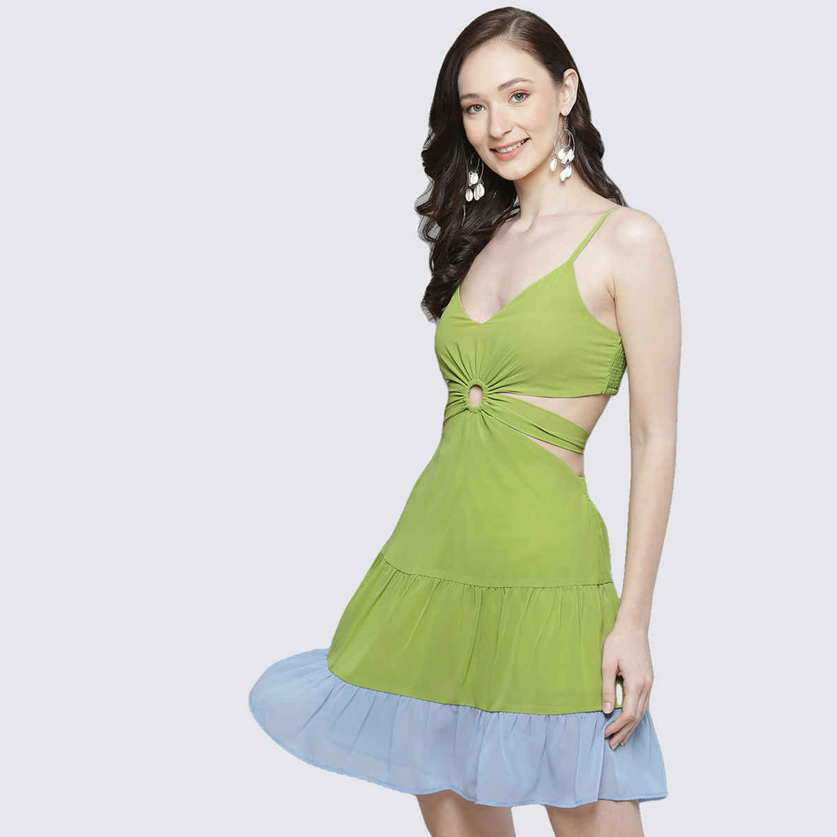 SASSAFRAS Women's Side Cut-Out Short Dress | Blue & Lime Green - S