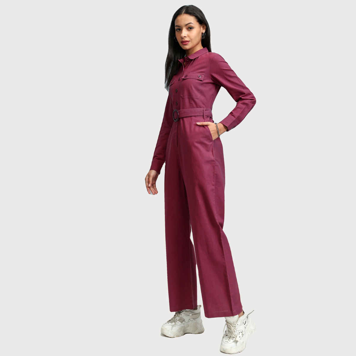 Tokyo Talkies Women's Solid Straight Leg Jumpsuit | Magenta - M