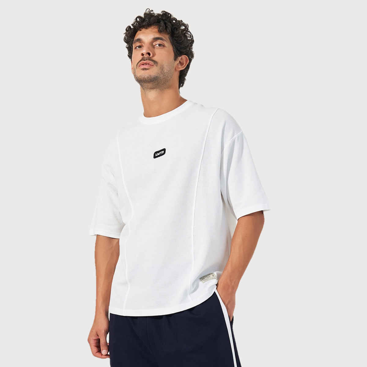 Styli Men's Cotton Waffle Knit Oversized T-shirt and Wide Leg Side Tape Jogger Co-ord | White - XL