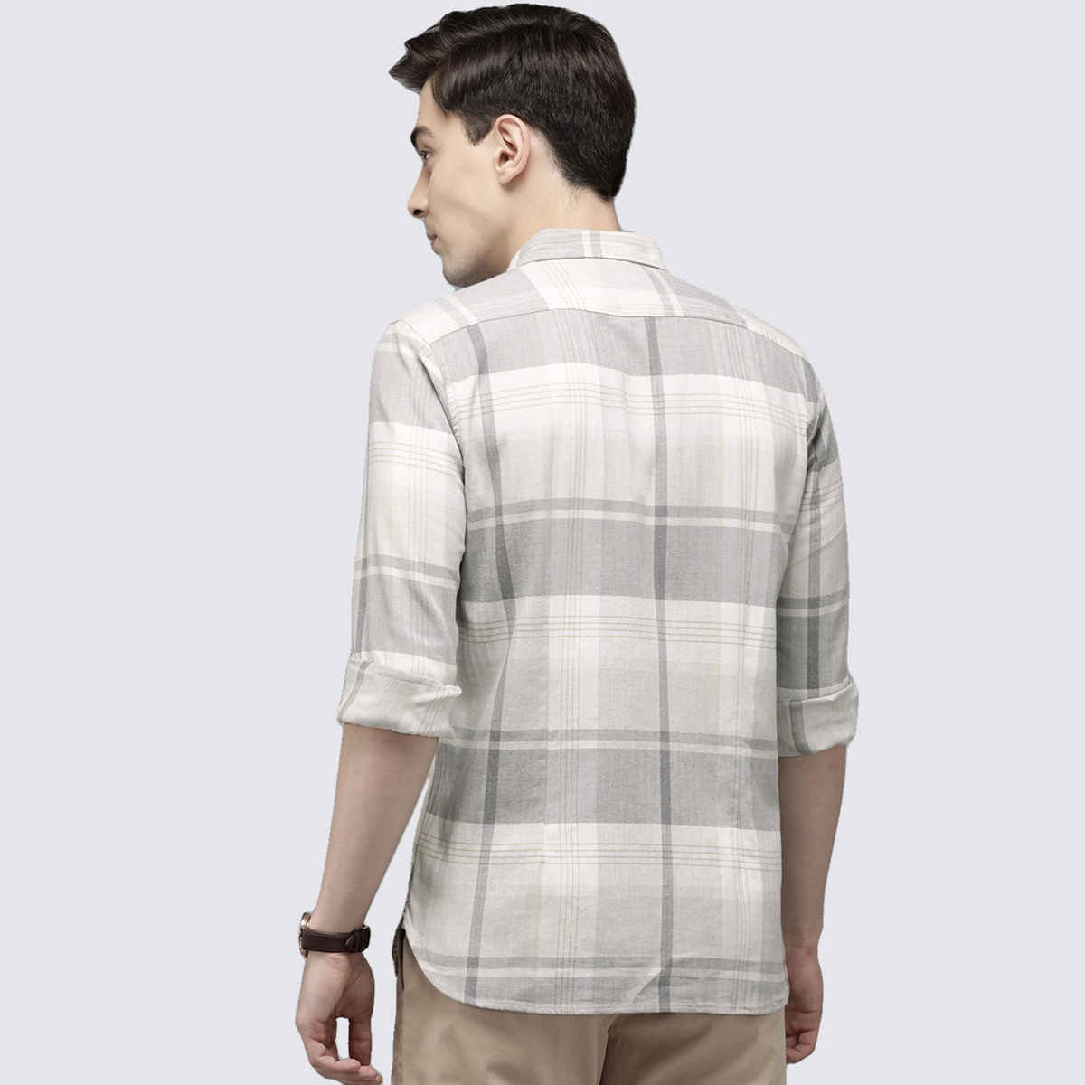 The Bear House Men Slim Cream & Grey Checked Shirt Style-Amber Color -Cream Size -L