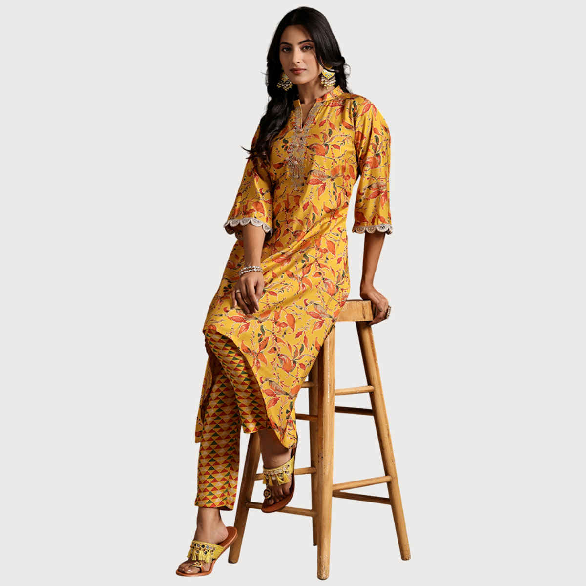 Libas Women's Printed Silk Blend A-Line Kurta with Trousers | Mustard - XL