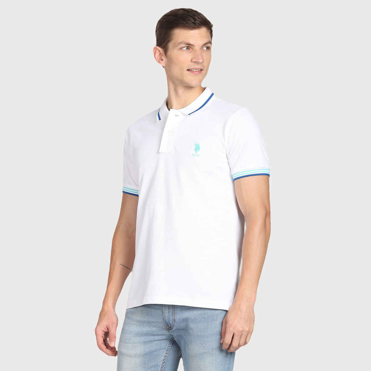 USPA Men's Striped Hem Cotton Polo T Shirt - Regular Fit - White - M