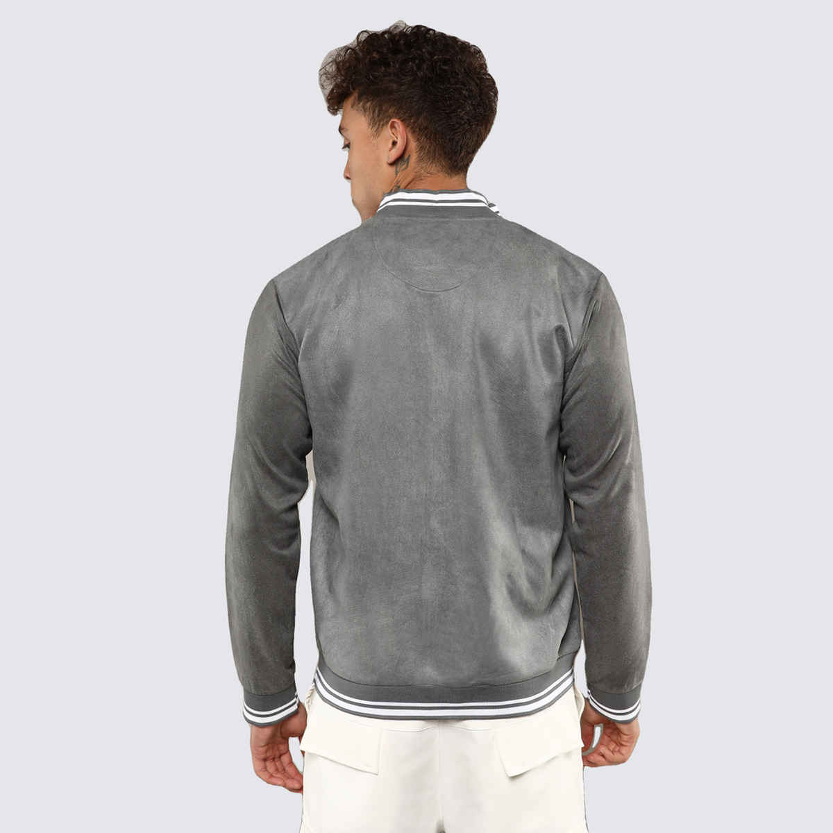 Campus Sutra Men's Zip-Front Baseball Jacket | Moon Grey - L