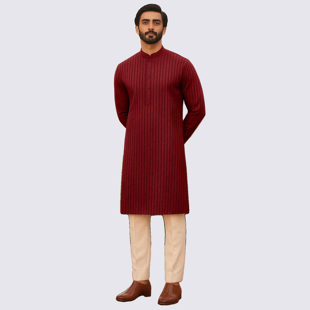 Ftx Men's Solid Structured Fabric Regular Fit Full Sleeve Polyester Kurta | Q110 1 | Maroon - L