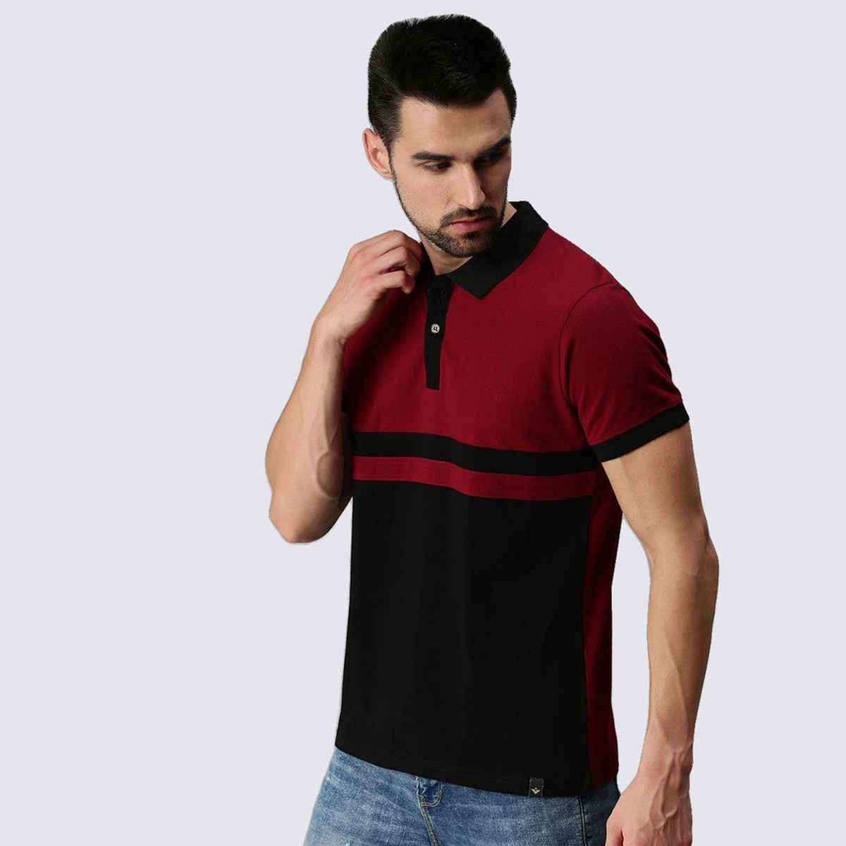 VEIRDO Men's Colorblock Regular Polo T-Shirt | P-22 BLK MRN | Maroon - XL