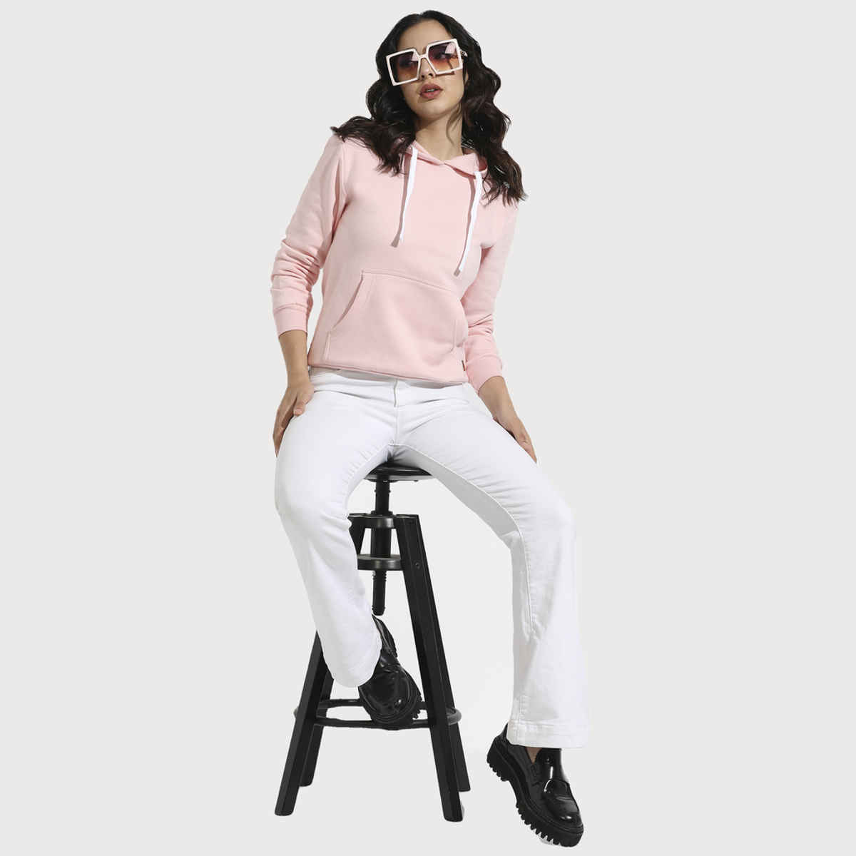 Campus Sutra Women's Zip-Front Hoodie with Ribbed Hem | Light Pink - L