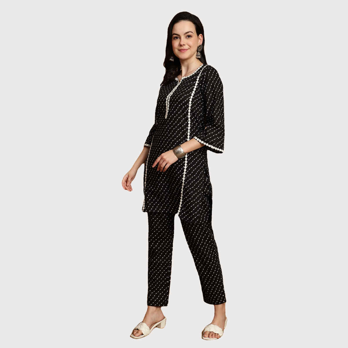 Bandia Women's Polka Dot Lace Embellished Co-ord Set | BANCS0278 | Black and White | M