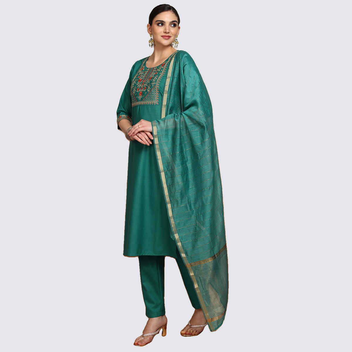 Vishudh Women's Embroidered Straight Kurta With Pants And Dupatta | PVK3000011 | Green - XL