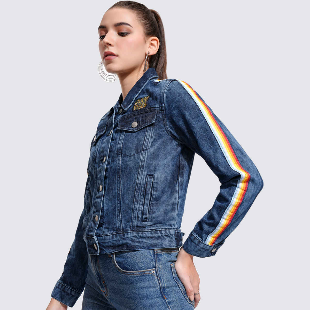 Tokyo Talkies Women's Solid Denim Jacket | Mid Blue - S