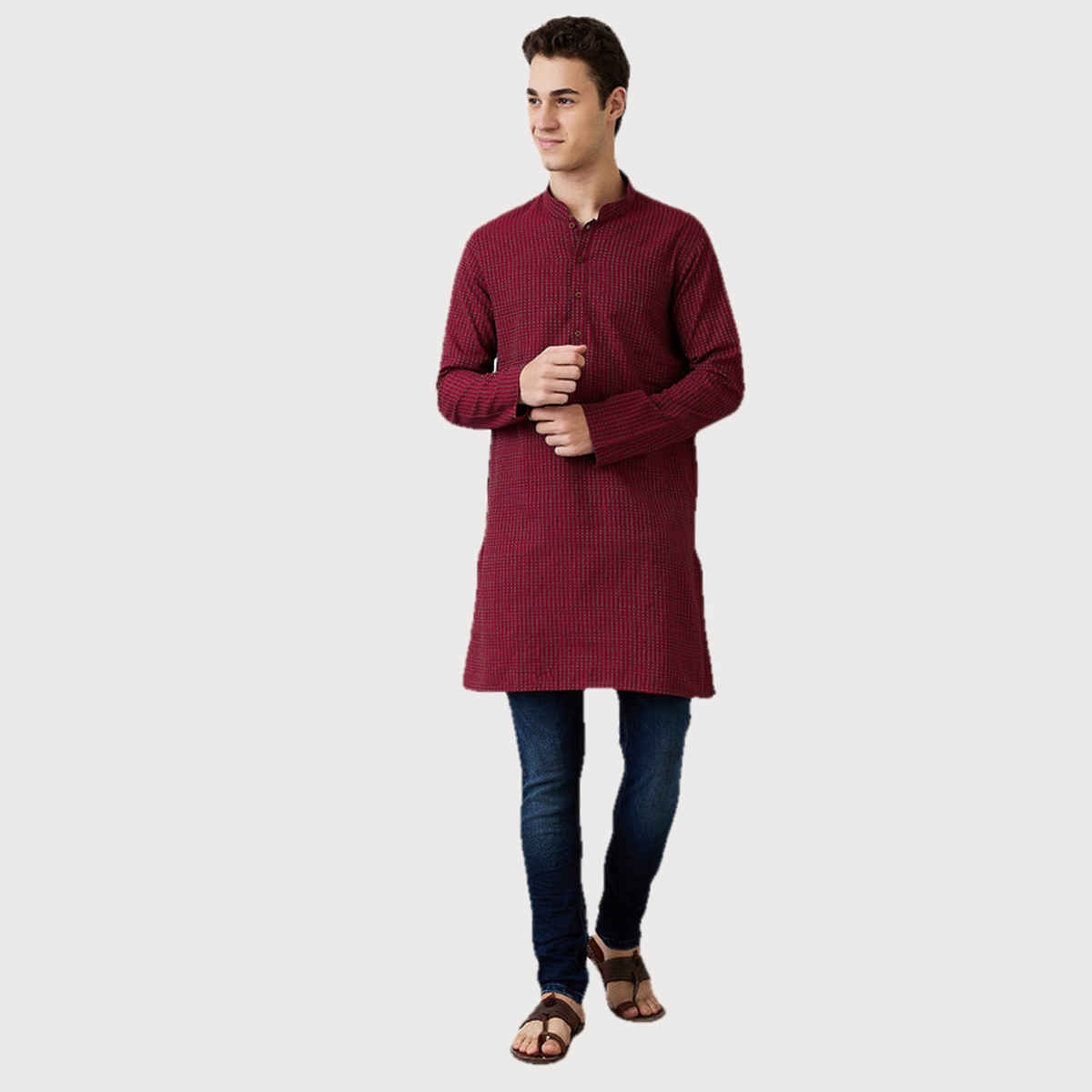 Ethnix by Raymond Men's Fit Pure Cotton Full Sleeve Folded Collar Short Kurta | Dark Maroon - M