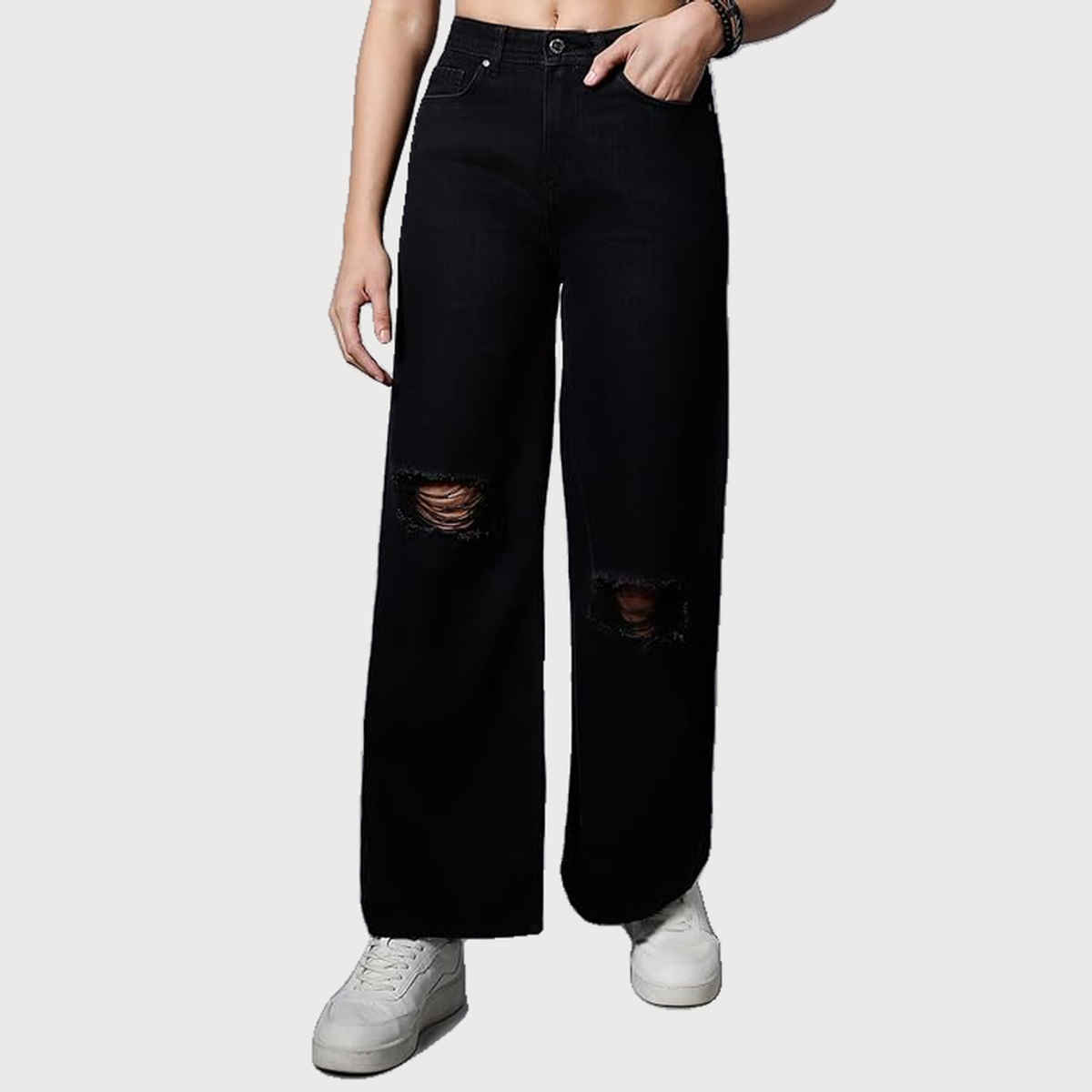 High Star Women's Wide Leg High-Rise Slash Knee Jeans | Black - 28