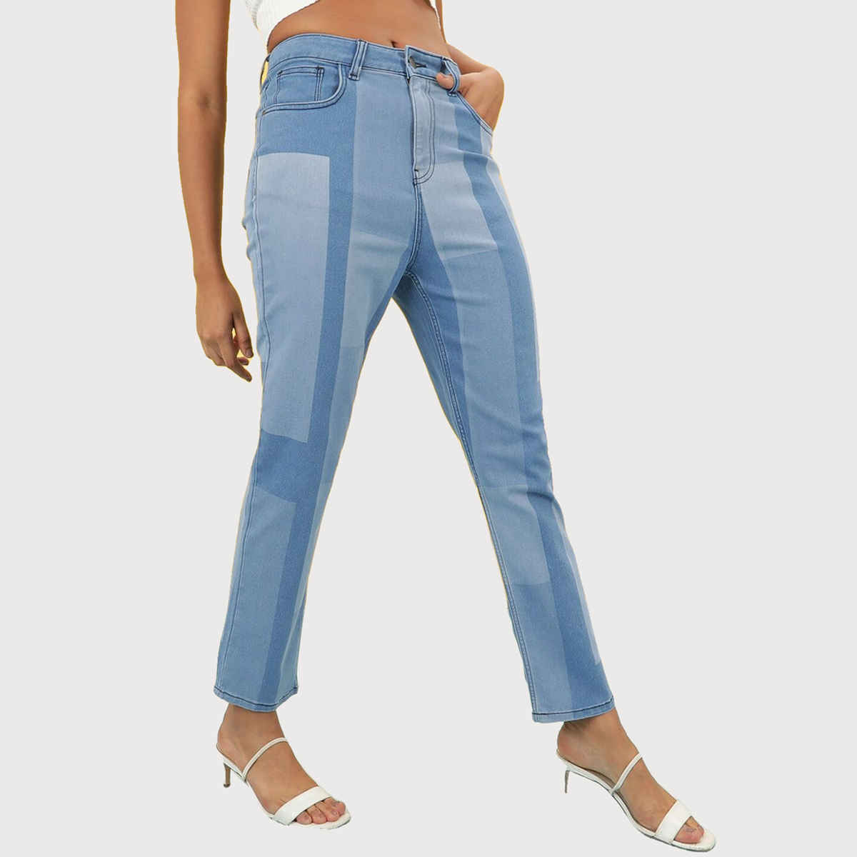 Freehand Women's Colour Block Straight Fit Denim Jeans | Blue - 28