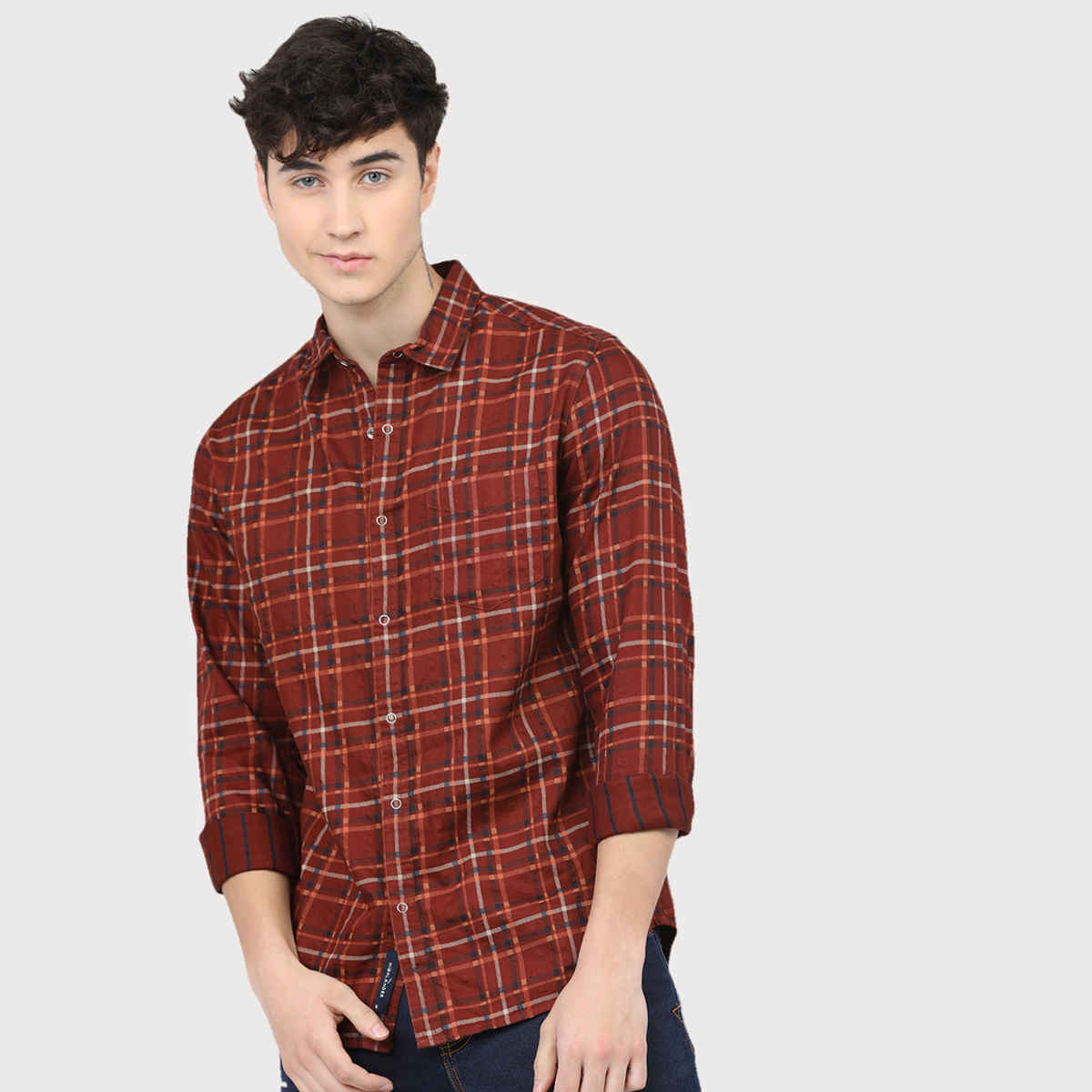 HIGHLANDER Men's Slim Fit Tartan Checked Reversible Casual Shirt | Rust & Navy Blue - M