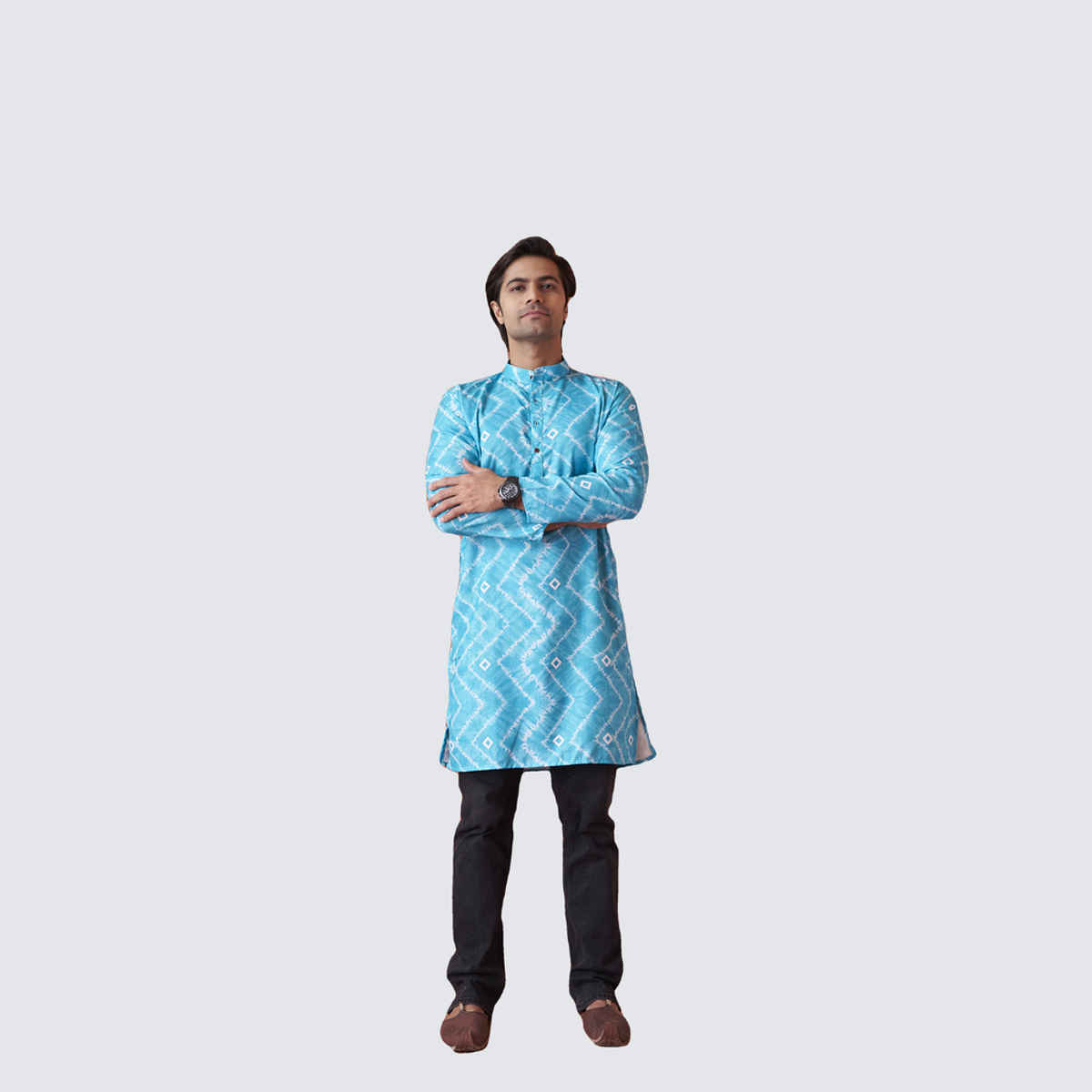 House Of Festivals Men's Printed Cotton Blend Tie & Die Look Long Kurta | Blue - XL
