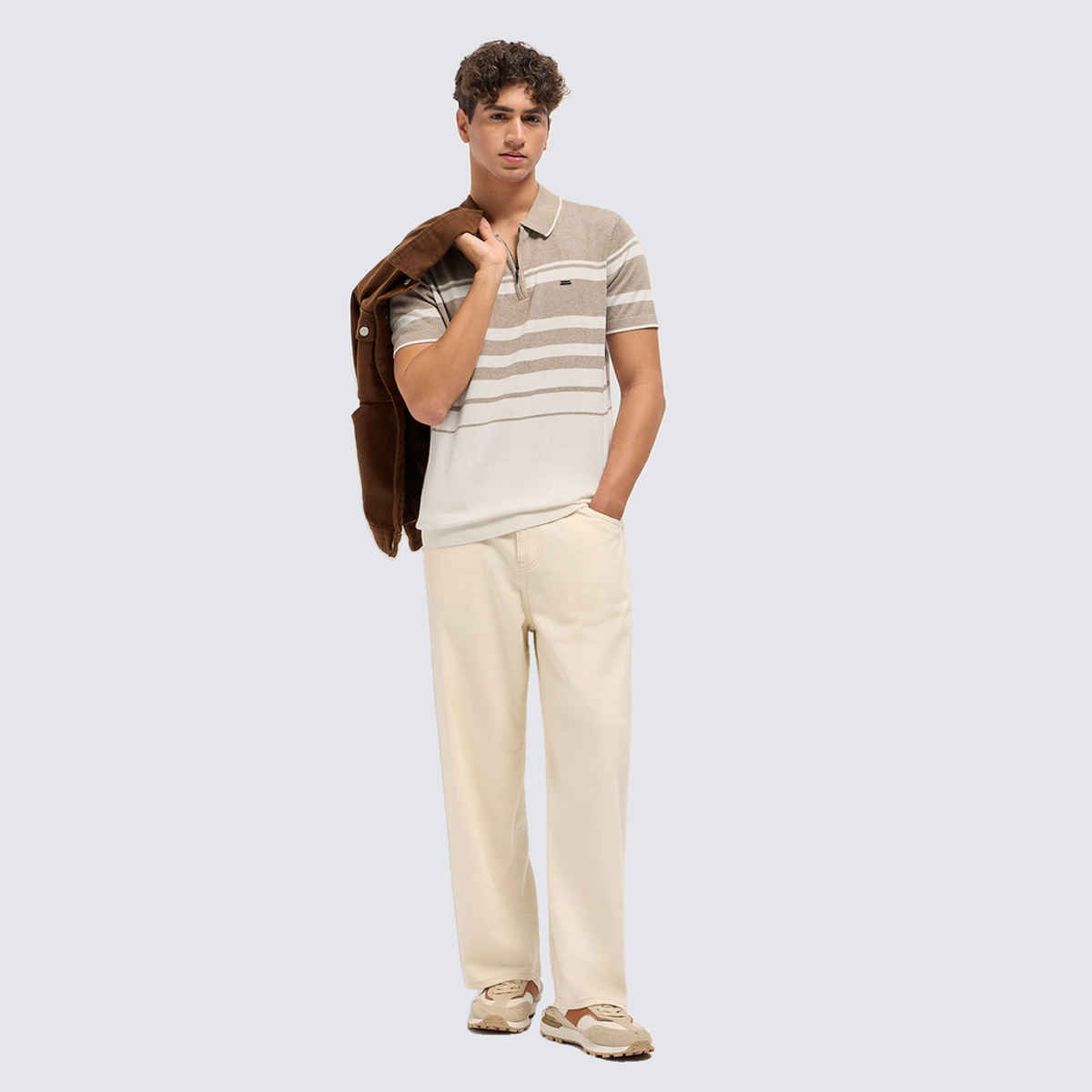 The Bear House Men's Striped Textured Flat Knit Slim Fit Polo Shirt | Beige and White - M