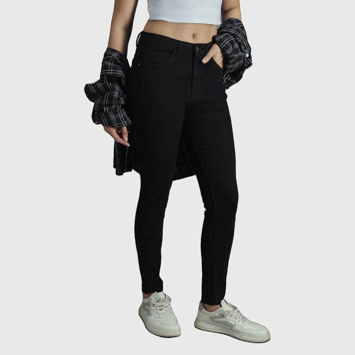 High Star Women's Skinny Fit High-Rise Clean Look Stretchable Jeans | Black - 28