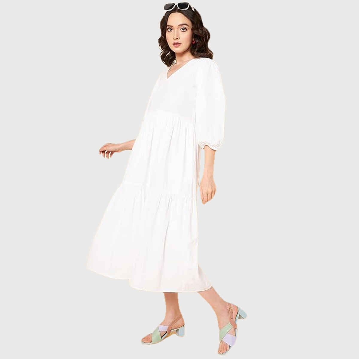 High Star Women's Puff Sleeves Tiered Pure Cotton Fit & Flare Midi Dress | White - M