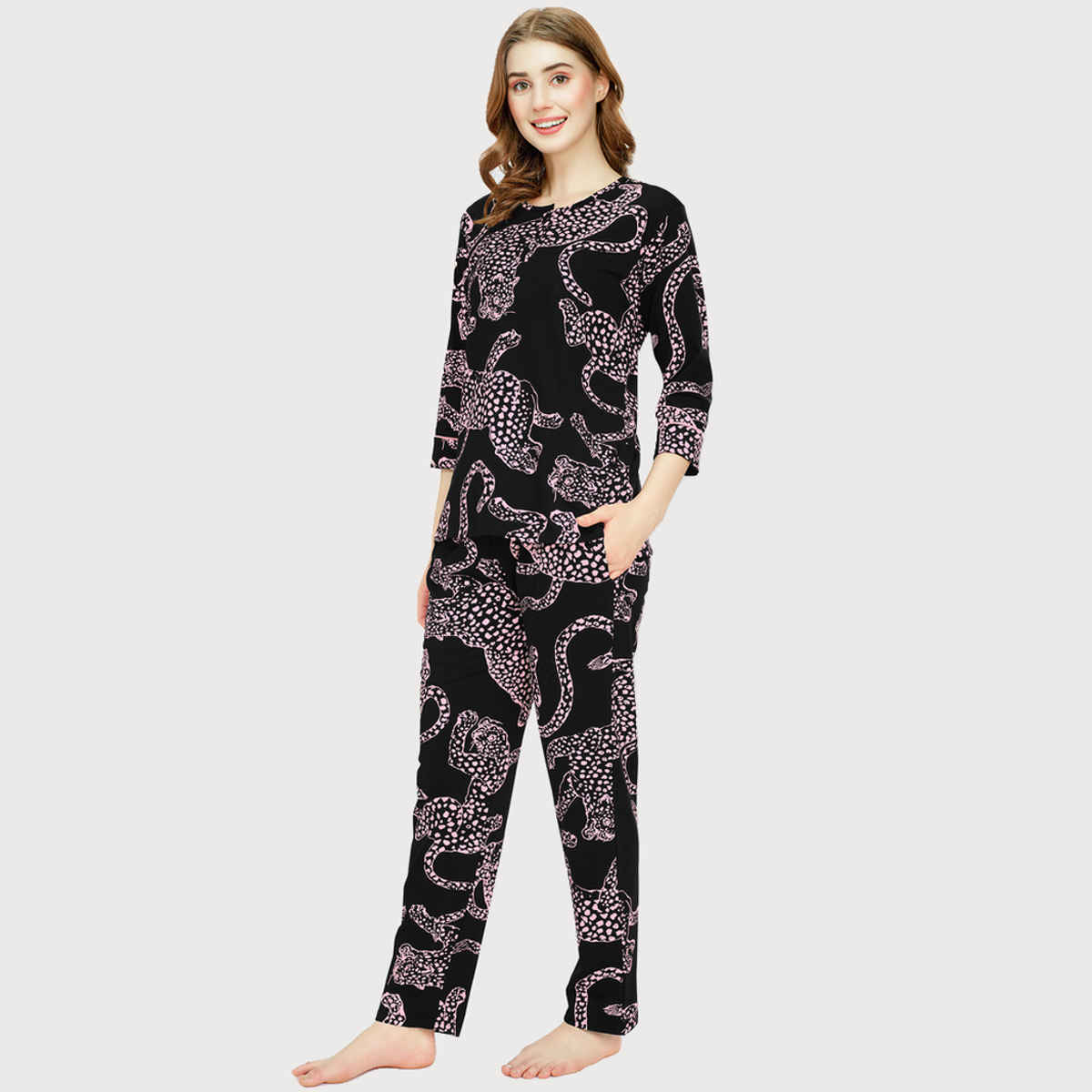 Zeyo Night Suit for Women Black Leopard Printed Cotton Night Dress of Top & Pajama Set 5787-BK- XXL