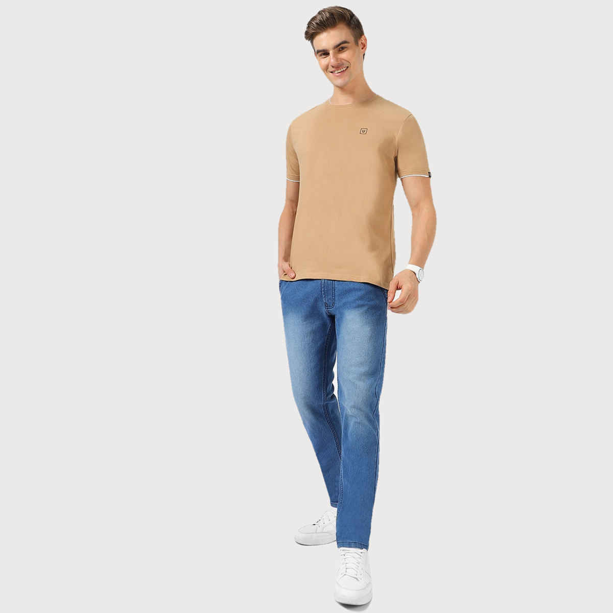 Urbano Fashion Men's Slim Fit Solid Round Neck Half Sleeve Cotton T-Shirt | Khaki - L