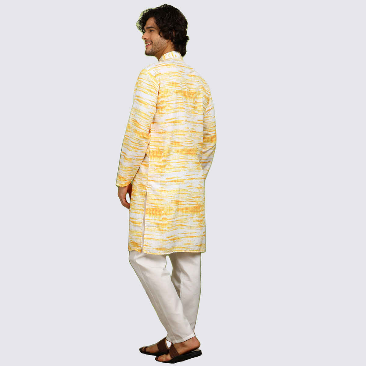 Allan Peter Men's Printed Long Kurta | Yelow - M