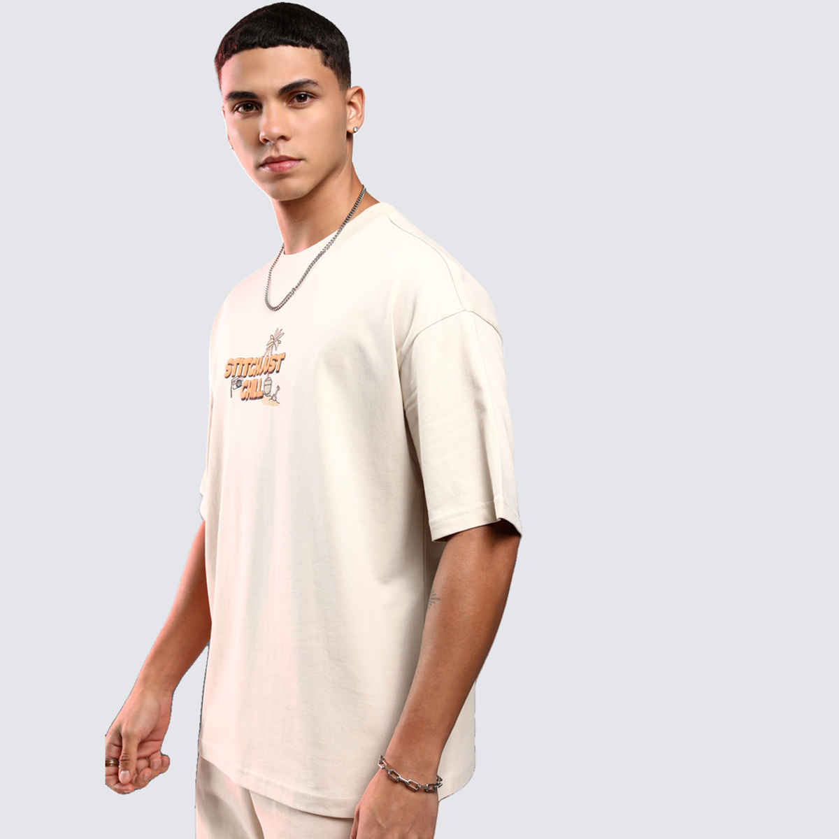 Highlander Men's Disney Stitch Printed Oversized Short Sleeve Drop Shoulder T-shirt | Cream - XS