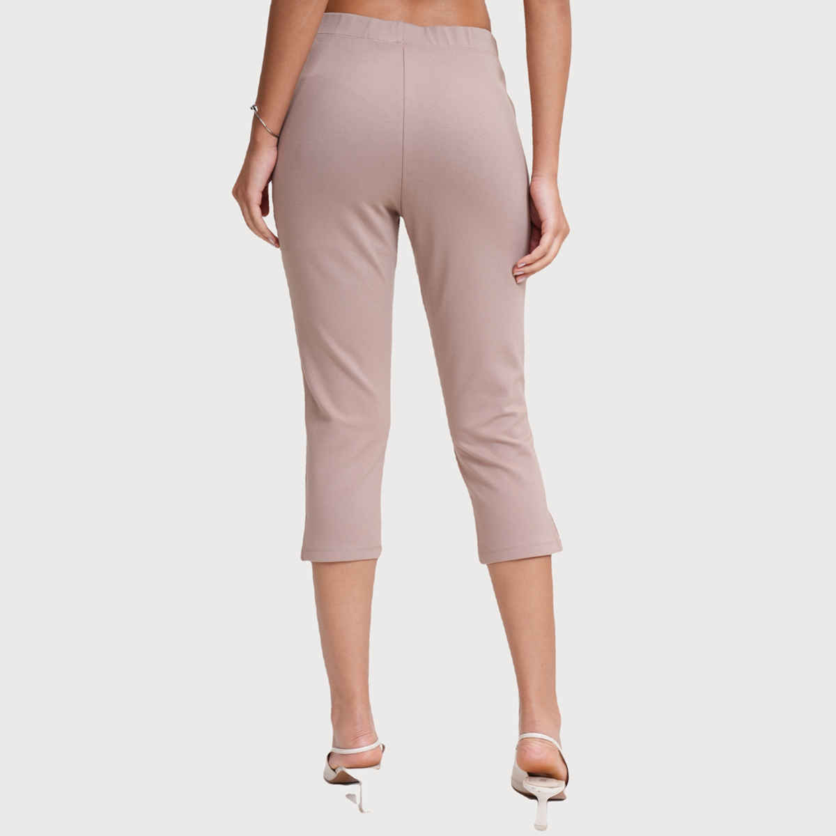 Tokyo Talkies Women's Taupe Solid Stretchy Capri Pants with Slits | Grey - 28