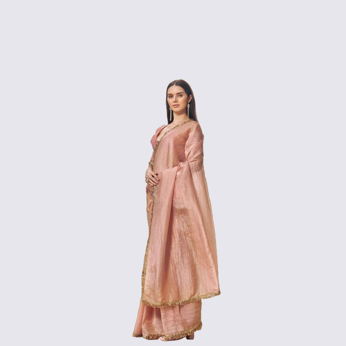 Tikhi Imli Women's Crushed Organza Saree With Unstitched Blouse | Peach