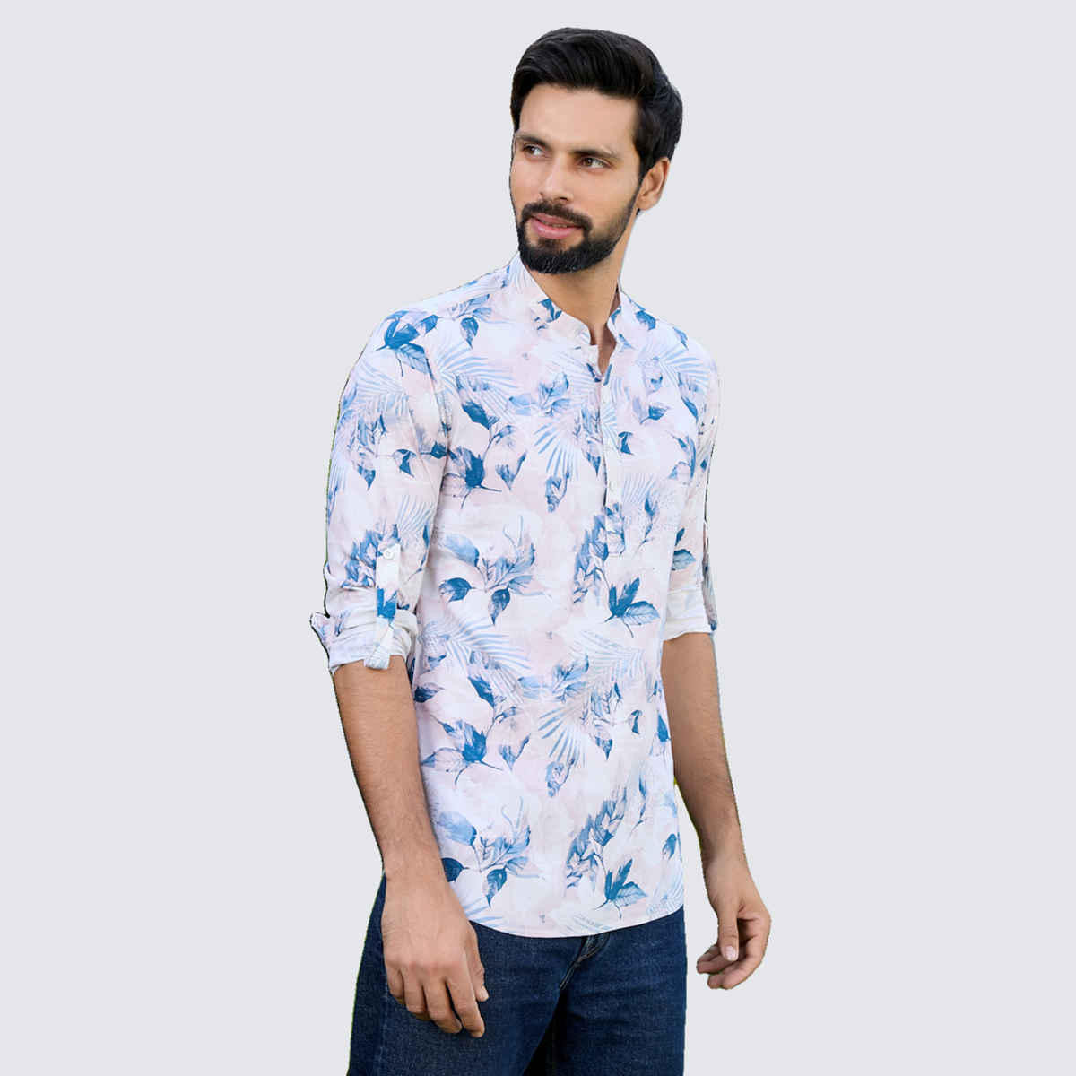 See Designs Men's Tropical Printed Rayon Short Kurta | Blue-White - S