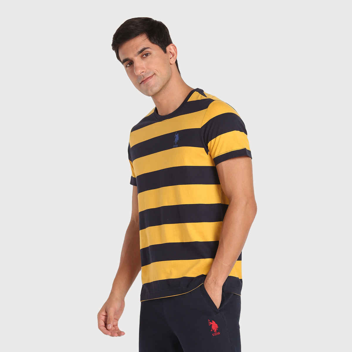 U.S. Polo Assn. Men's Crew Neck Striped Lounge T-Shirt | Yellow and Navy - XL