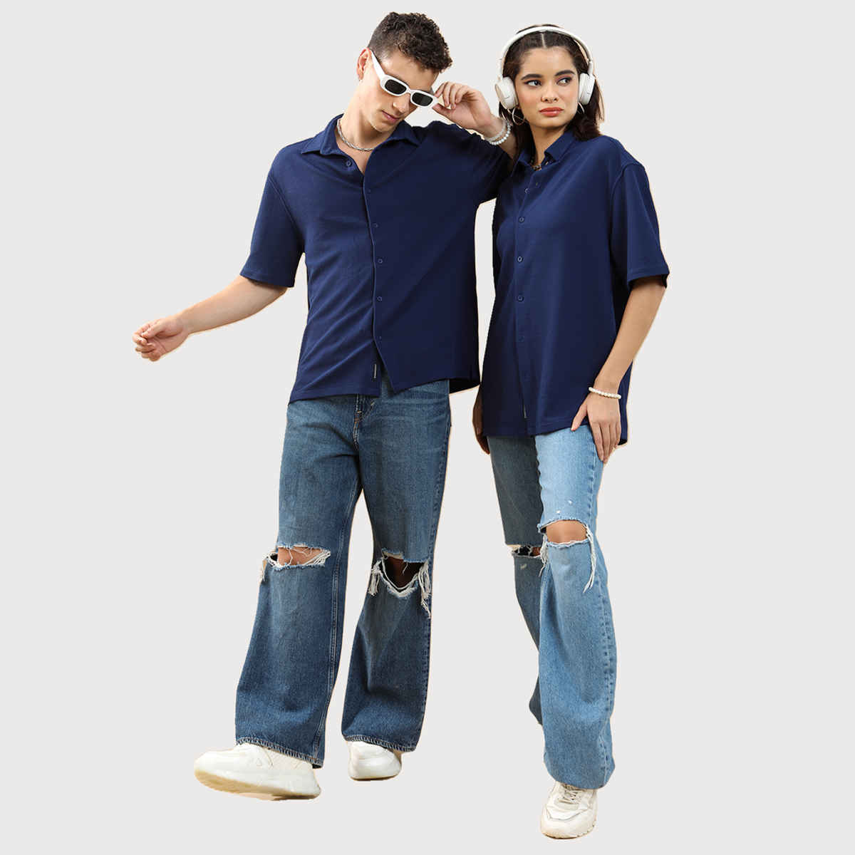 HIGHLANDER Men's Oversized Spread Collar Casual Shirt | Navy Blue - S