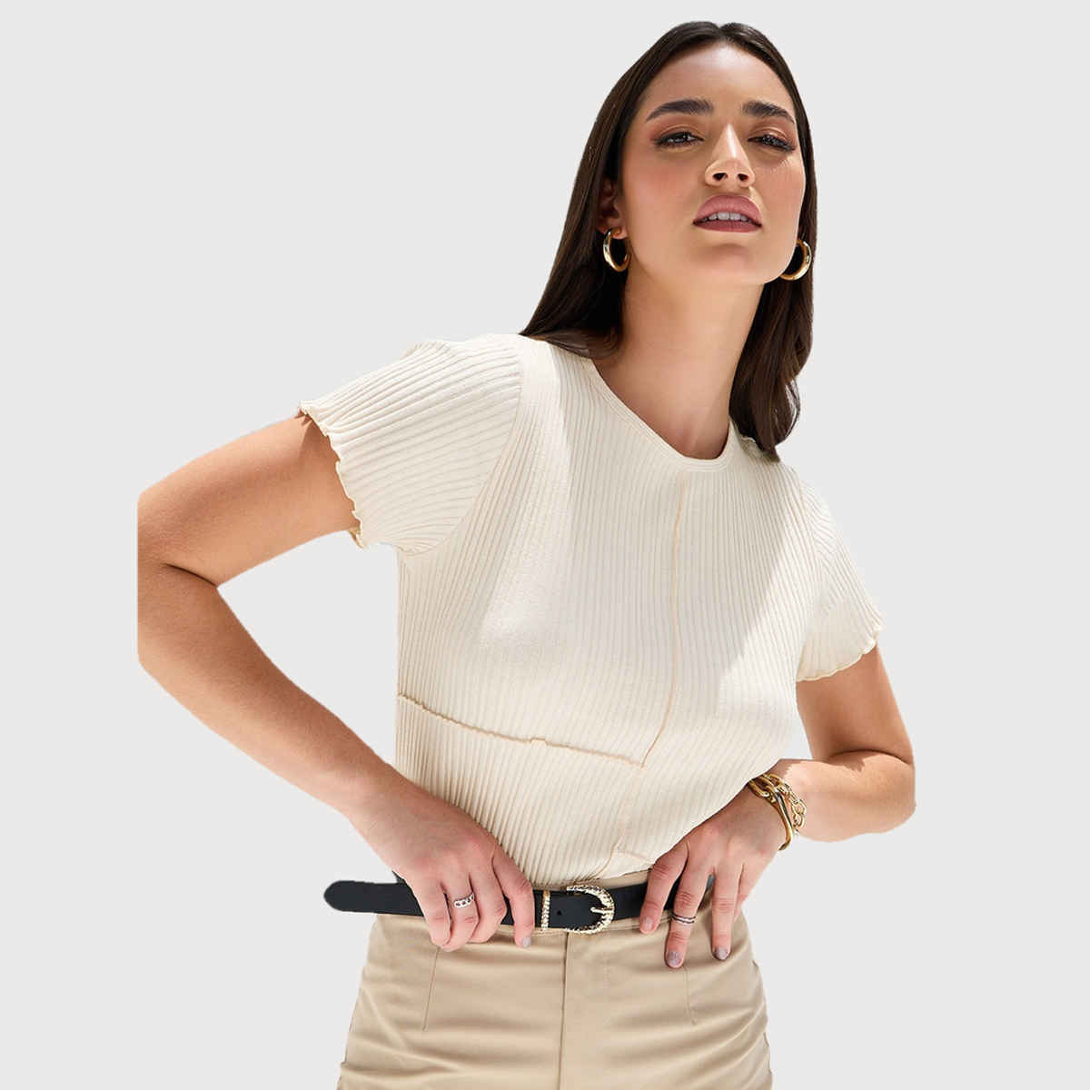 Styli Women's Regular Fit Ribbed T-shirt with Exposed Seam Detail | Beige - L