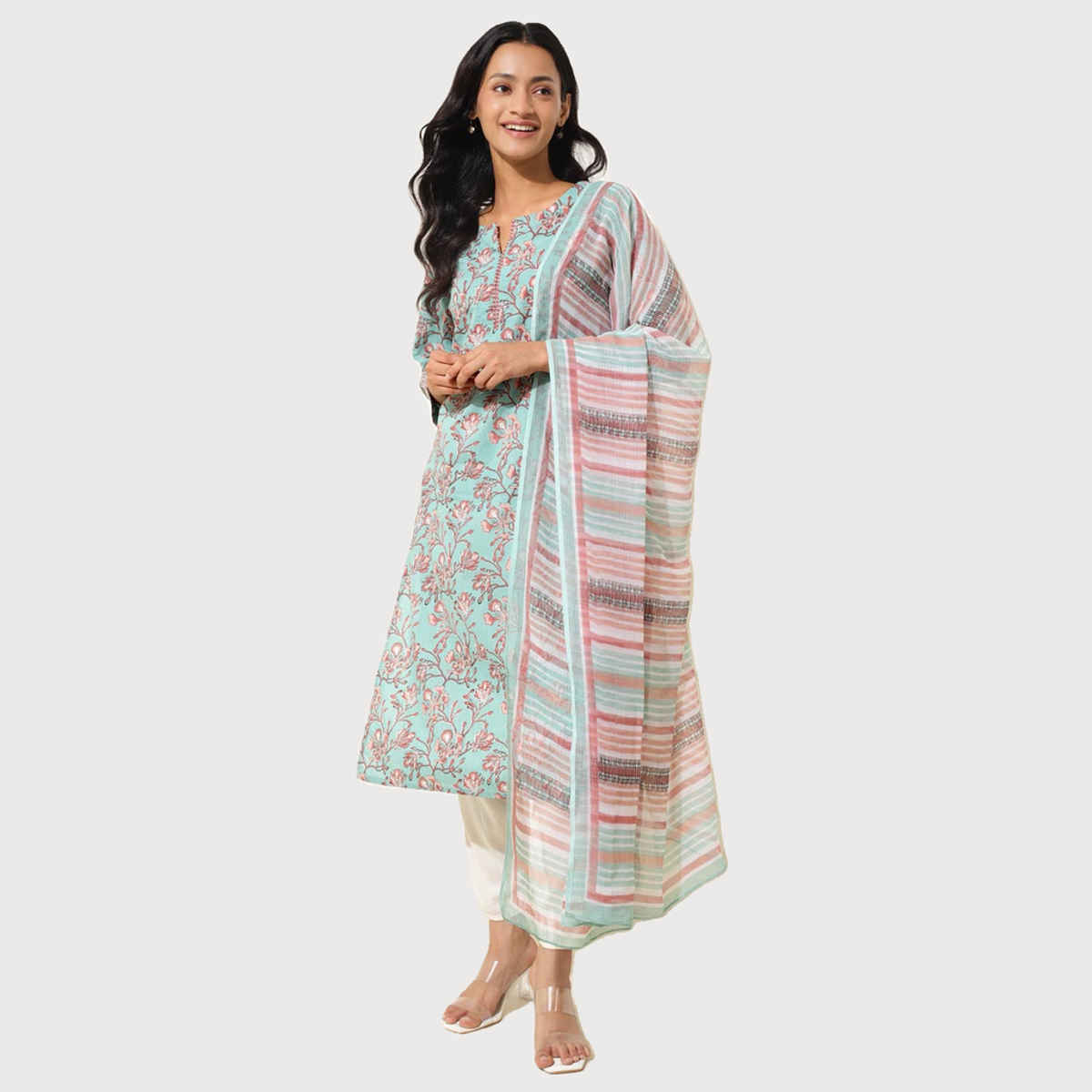 Fabindia Women's Dupatta & Kurta Set Printed | Blue - XL