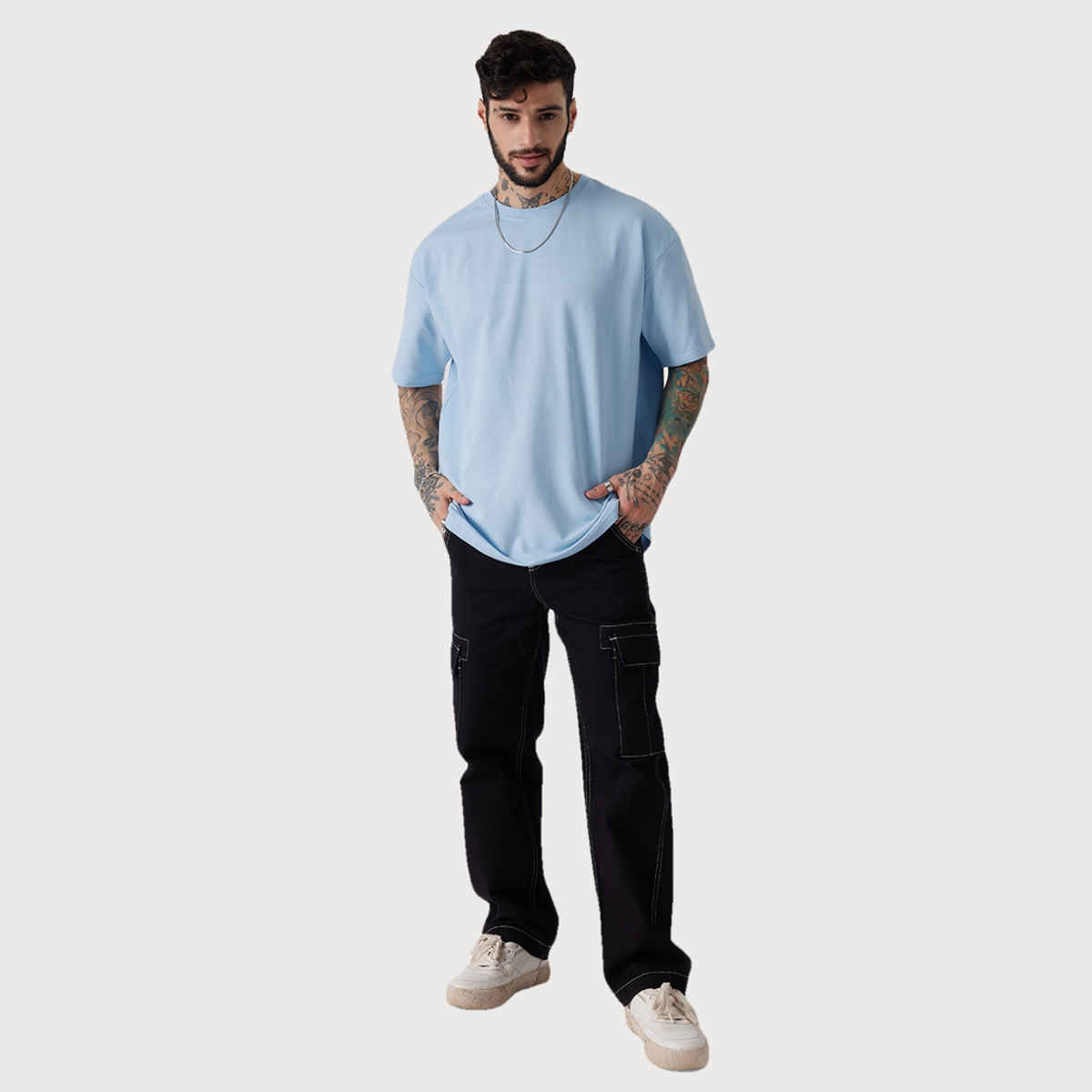 The Souled Store Men's Solids Powder Blue Oversized T-shirt | Blue - L
