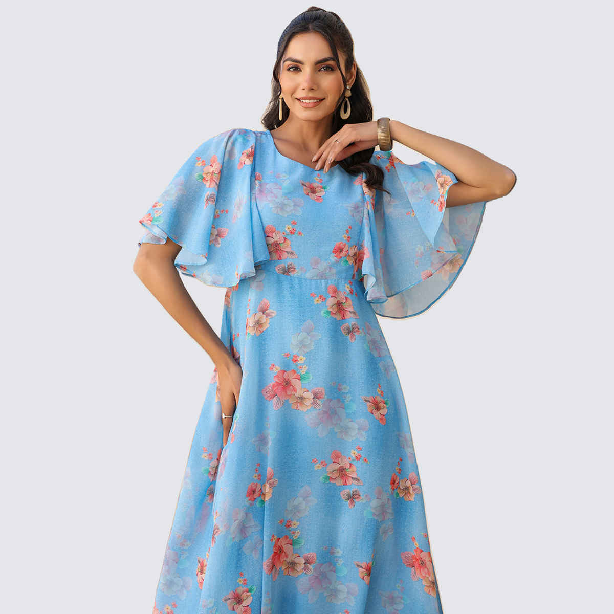 Janasya Women's Georgette Floral Printed A-line Dress | Blue - XS