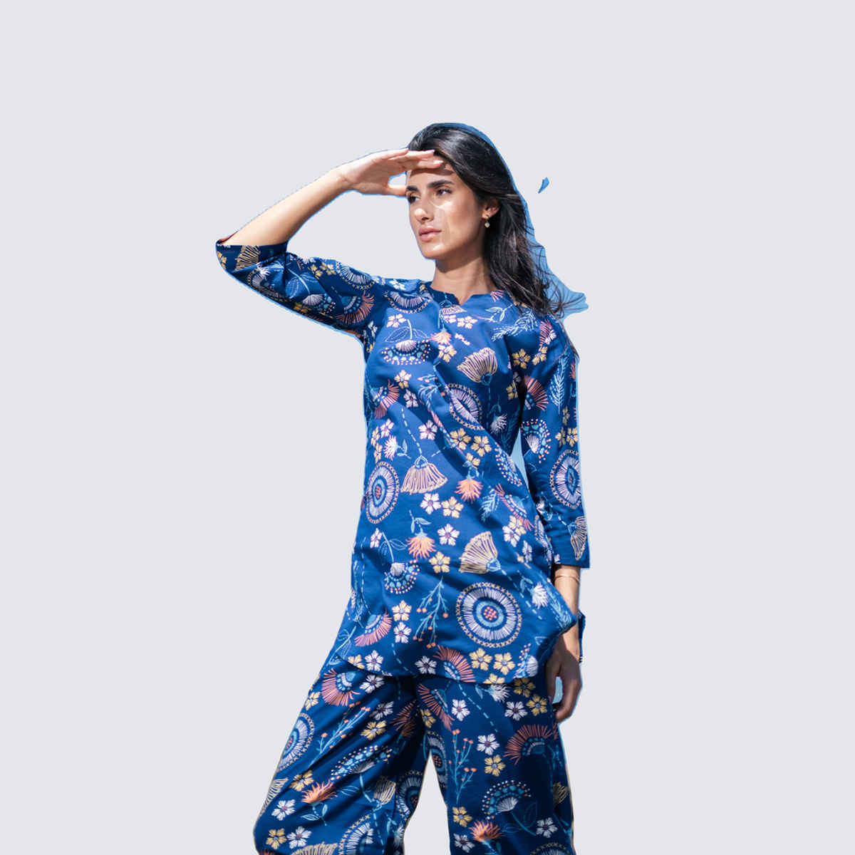 Sanskrutihomes Ethnic Motif Pure Cotton Top & Trouser Co-Ord Set | Navy Blue - M