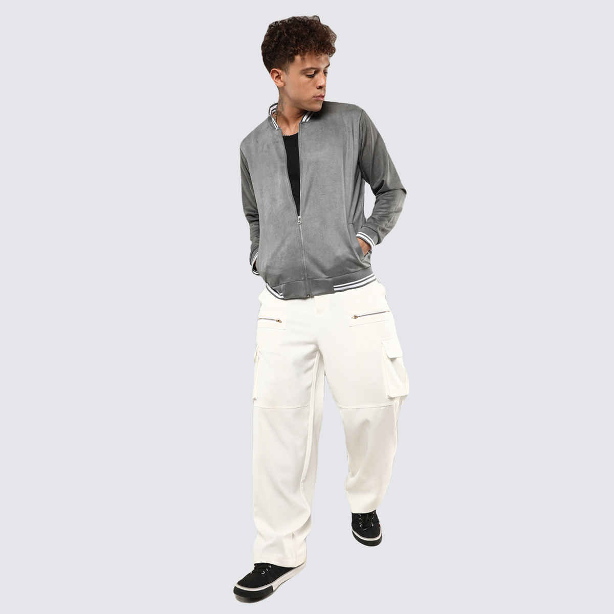 Campus Sutra Men's Zip-Front Baseball Jacket | Moon Grey - L