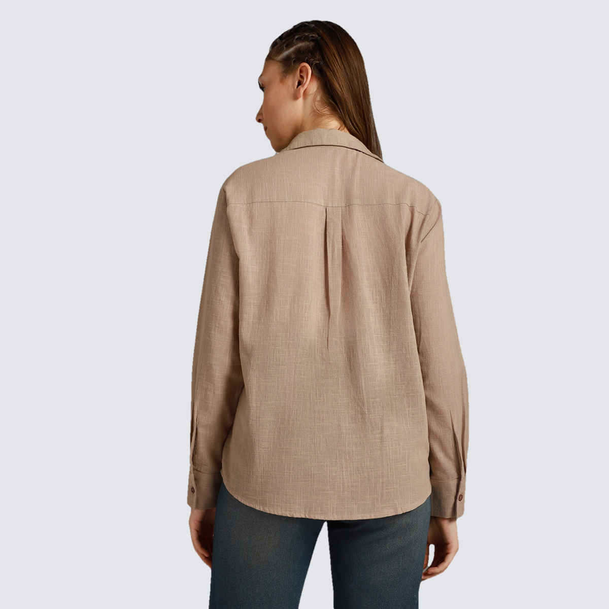 High Star Women's Spread Collar Long Sleeves Cotton Casual Shirt | Sand - M