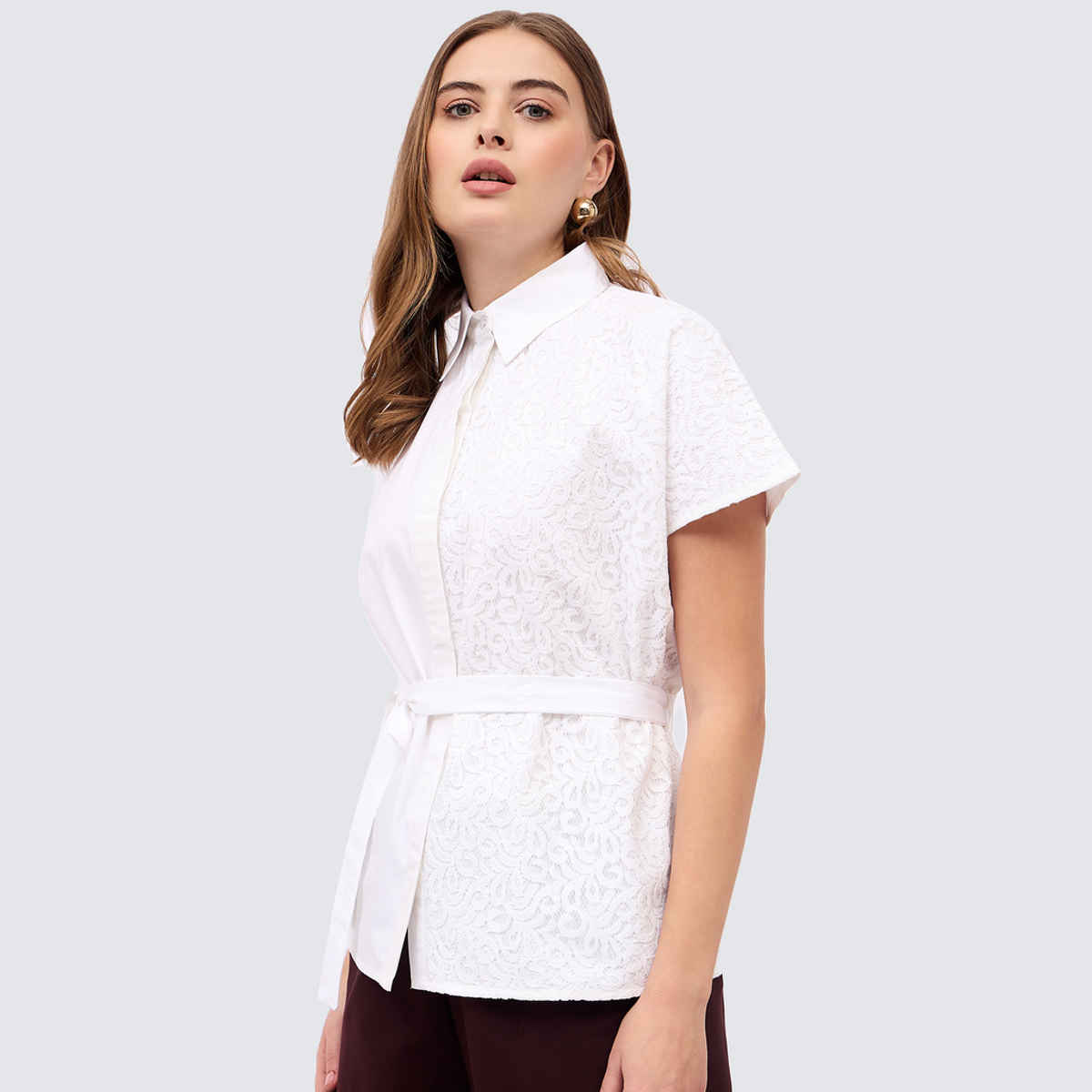 Styli Women's Casual Wear Self Design Spread Collar Short Sleeves Regular Fit Shirts | White - S