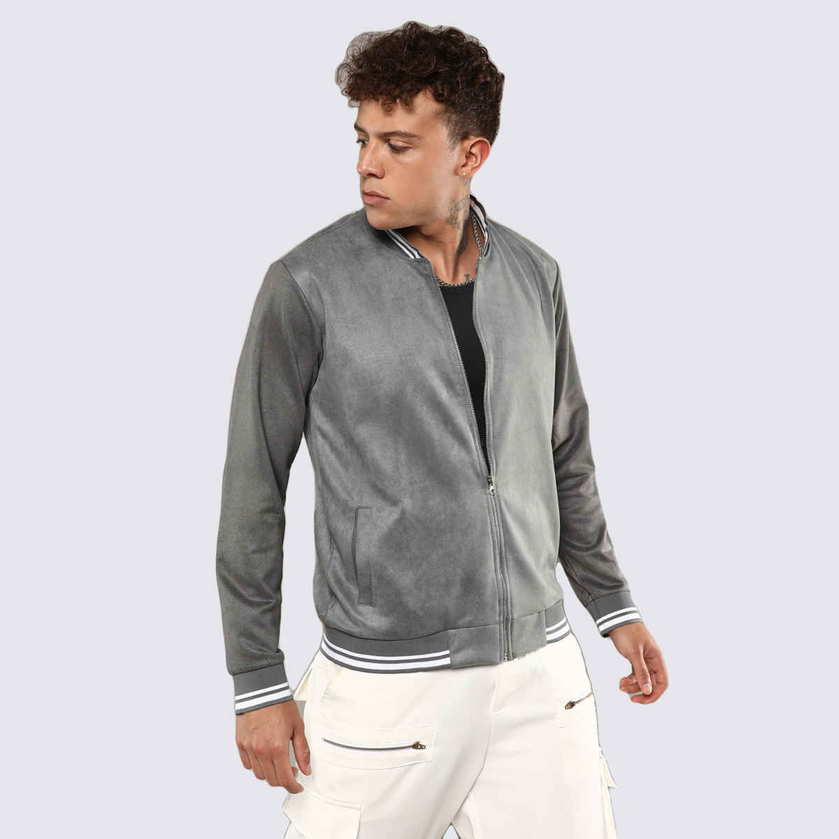 Campus Sutra Men's Zip-Front Baseball Jacket | Moon Grey - L