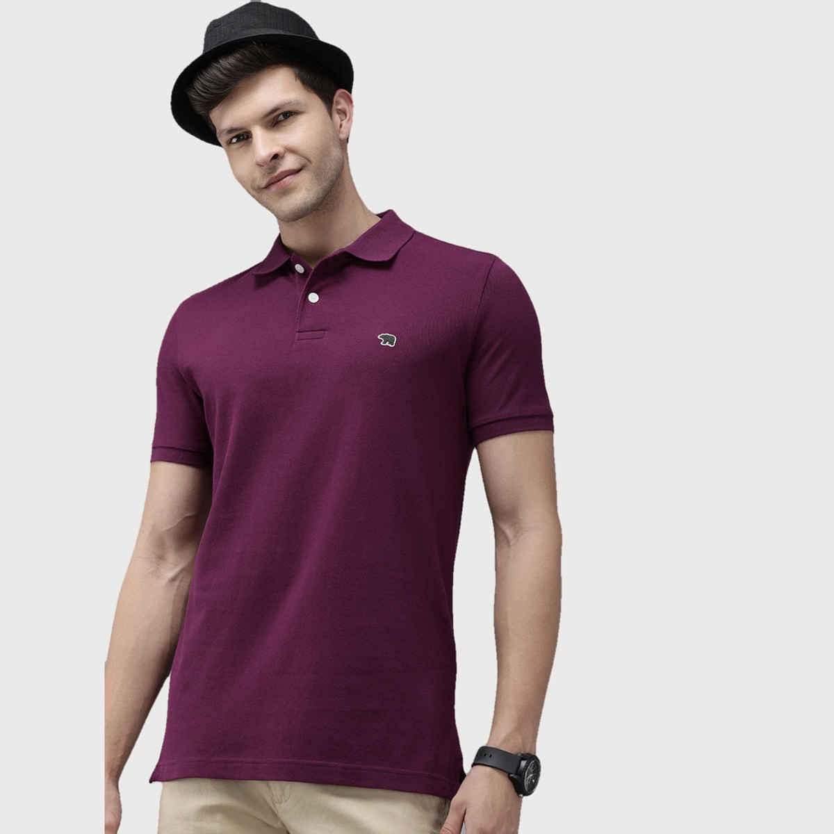 The Bear House Men Slim Fit Solid Polo Cotton T-shirt - Sonne | Purple | L