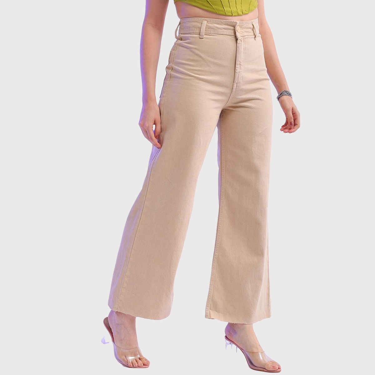 Freehand Women's Denim High Rise Bootcut Raw Edge Jeans | Beige - 30